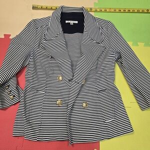 Cabi Striped Nautical Blazer Jacket Small Navy White Gold Crest Buttons Stretch